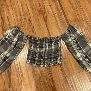 LF off the shoulder ruffled shirt in flannel print